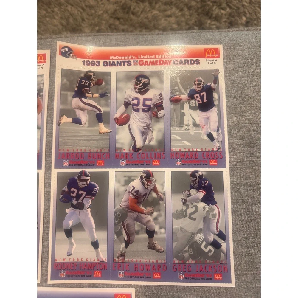 1993 McDonald's NFL Gameday Cards Complete Giants & Jets Uncut Sheet Sets